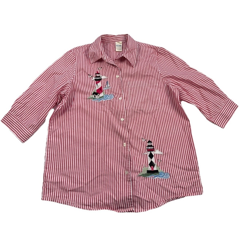 Blair Womens Button Up Shirt Size M Lighthouse Beach Striped Red Nautical Blouse